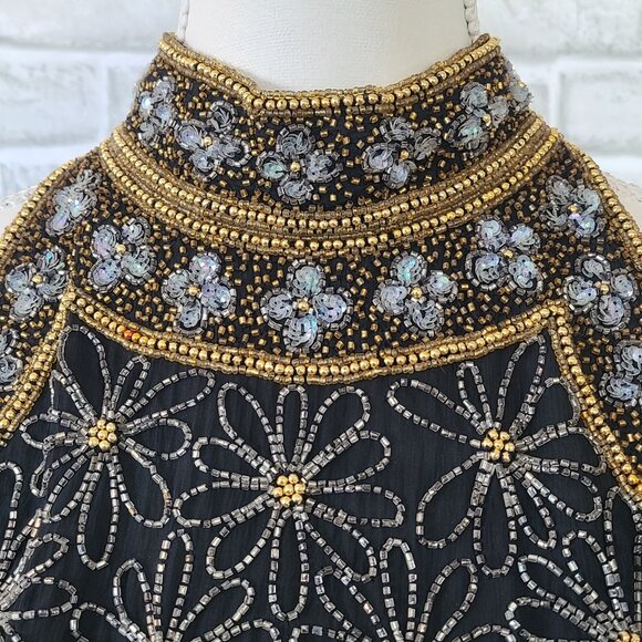 Vintage Mark & John By Gopal Silk Black Beaded Halter Top Blouse Elegant Party L - Picture 11 of 13